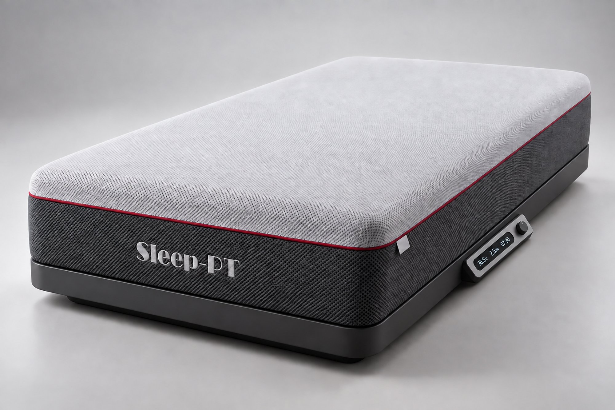 Sleep-PT 스마트 매트리스를 밝은 배경 스튜디오에서 촬영한 전체 형태 디지털 목업